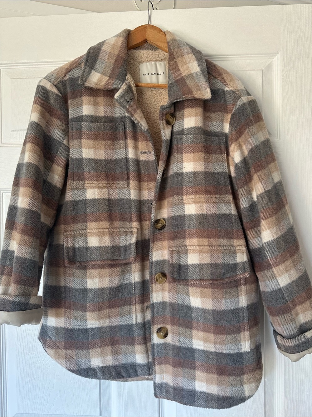American Eagle women’s Plaid Sherpa-Lined Jacket in Multi Brown